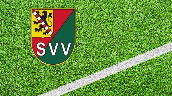 Logo voetbalclub Schiedam - SVV - Schiedamse Voetbal Vereniging - in kleur op grasveld met witte lijn - 600 * 337 pixels